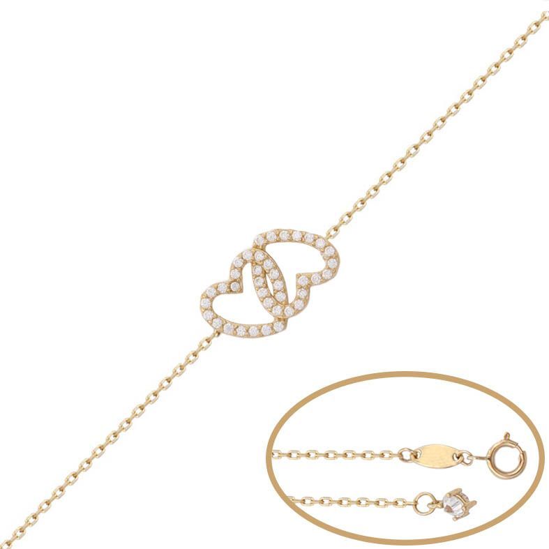 00-1039 Pulsera de oro 18K con dos corazones entrelazados adornada con pavé de circonitas