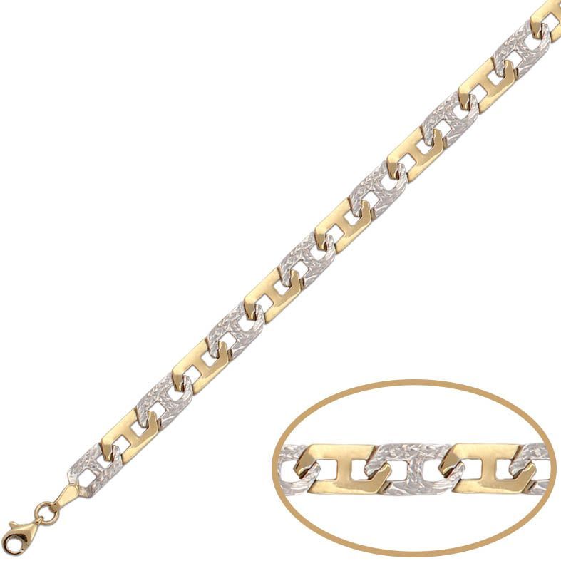 00-1080 Pulsera bicolor en oro de 18 Kilates, las piezas de oro blanco son talladas con textura