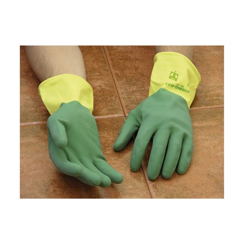 12 pares - Guantes bicolor látex verde-amarillo flocados