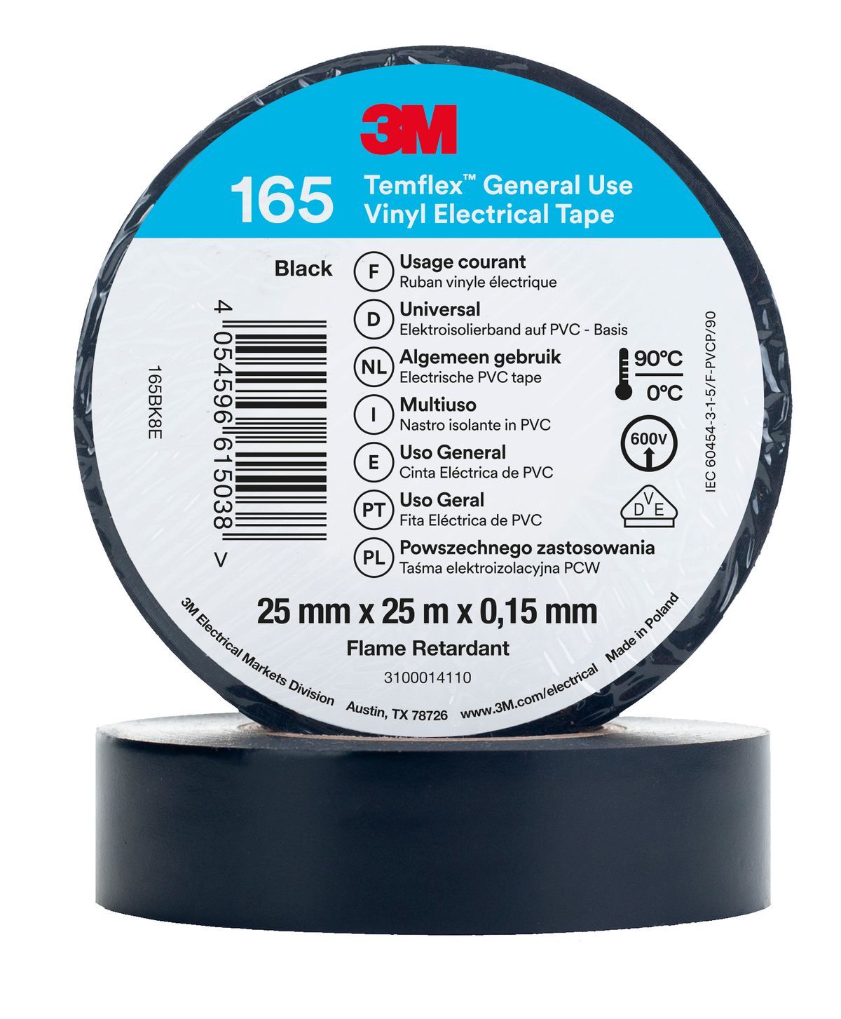 7100184800 3M CINTA TEMFLEX 165 19mm X 20m NEGRO