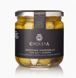 Aceitunas manzanilla con ajo y romero 350 grs la chinata