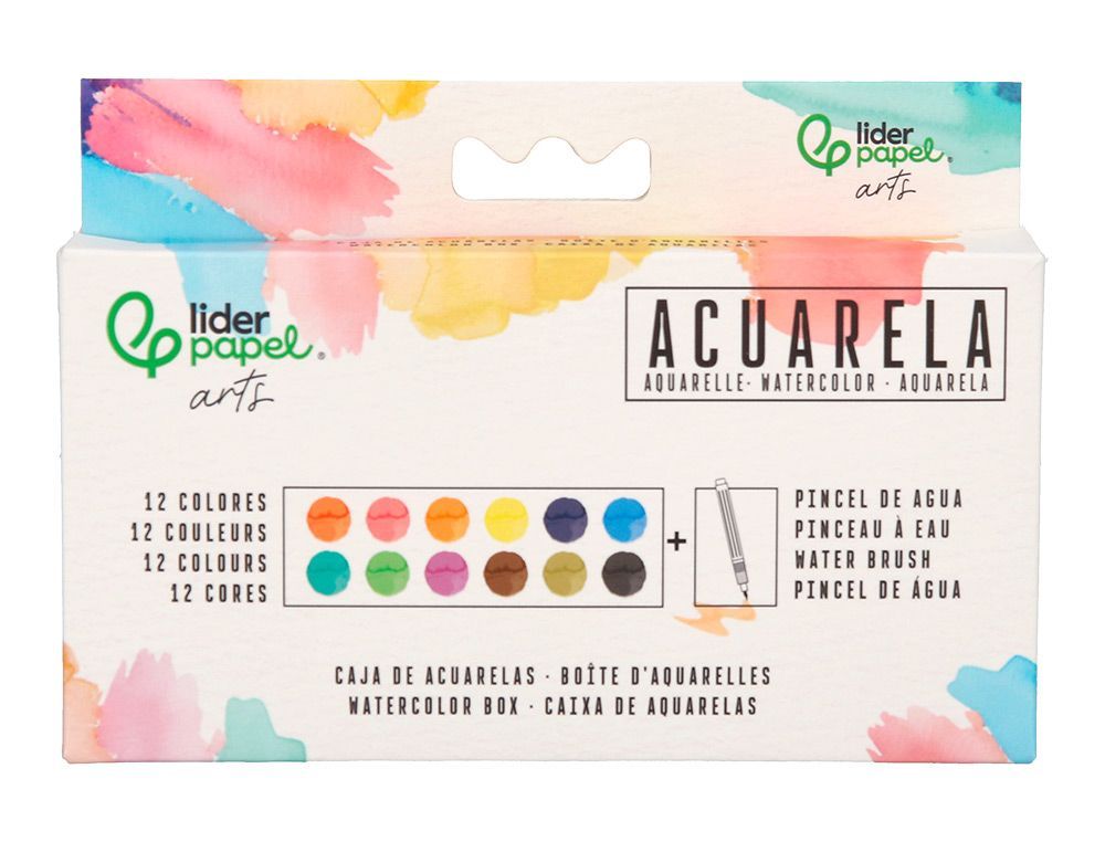Acuarela liderpapel 12 colores con pincel de agua rellenable estuche de plastico