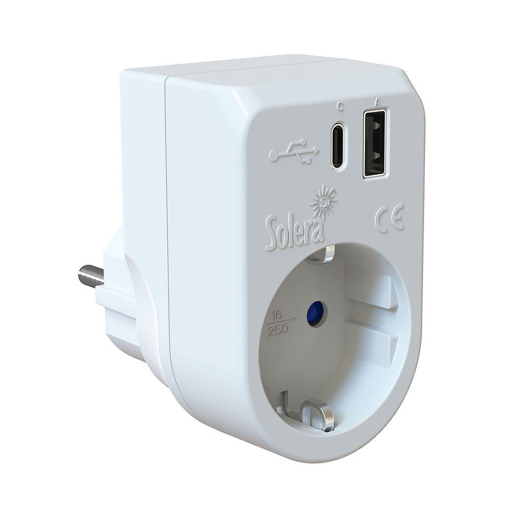 Adaptador  2P+T, 16A 250V. +Usb A+Usbc 3A 5Vdc. 860Usbac Solera