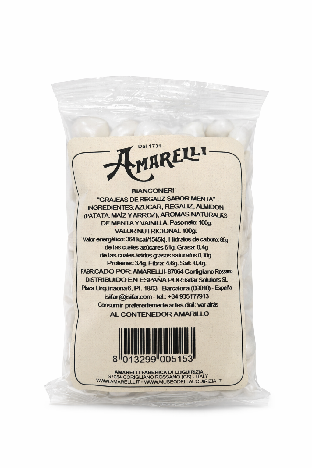 Amarelli Sobres Bianconeri Grajeas de Regaliz Sabor Menta 100 g
