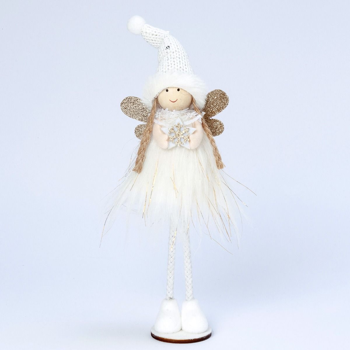 Angelita vestido blanco y alas doradas base madera 28 cm.