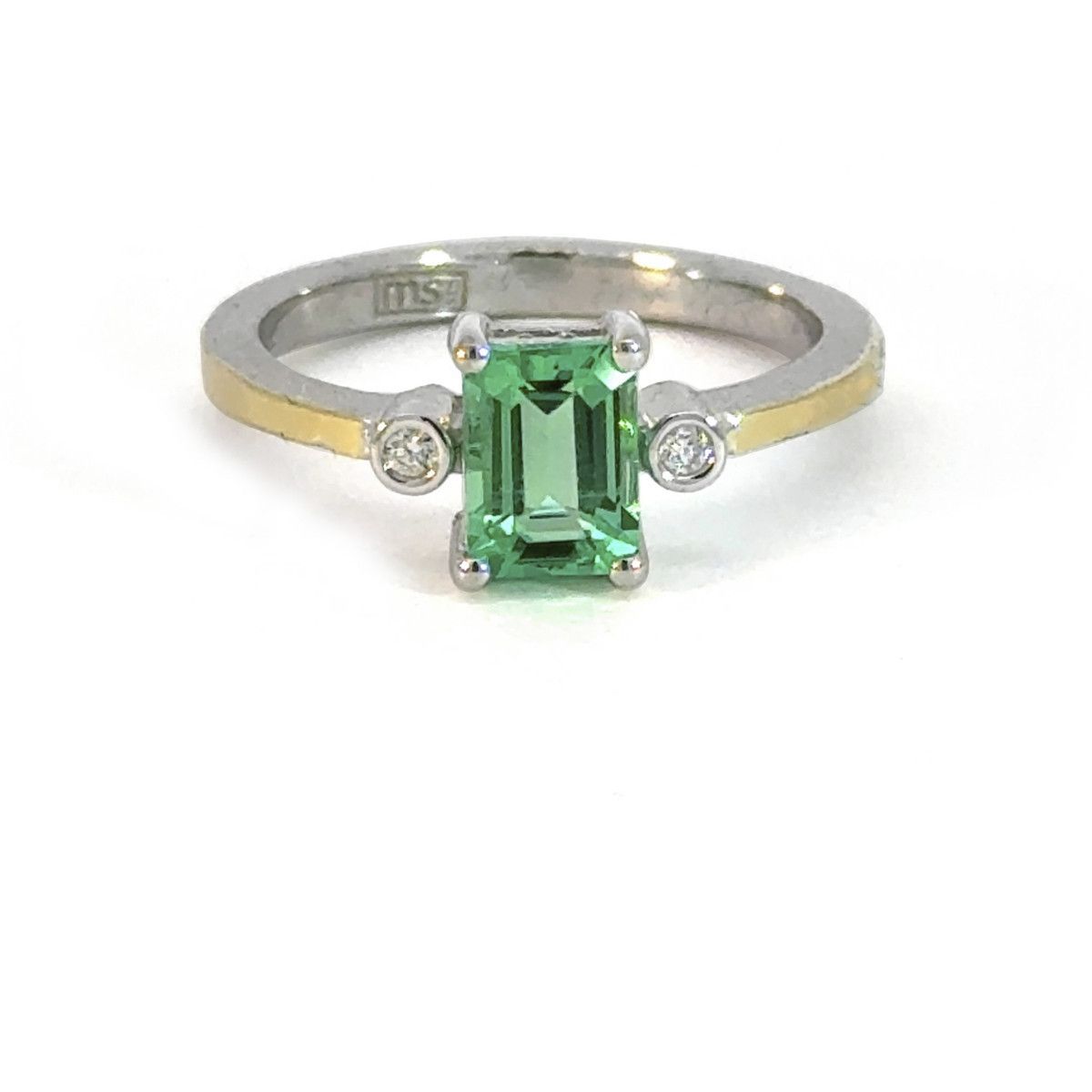 Anillo de plata, oro, diamante y esmeralda - T/15. 25373