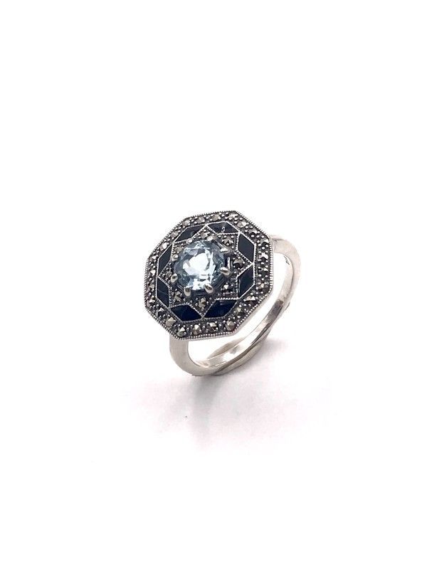 Anillo en plata de ley exagonal con topacio azul