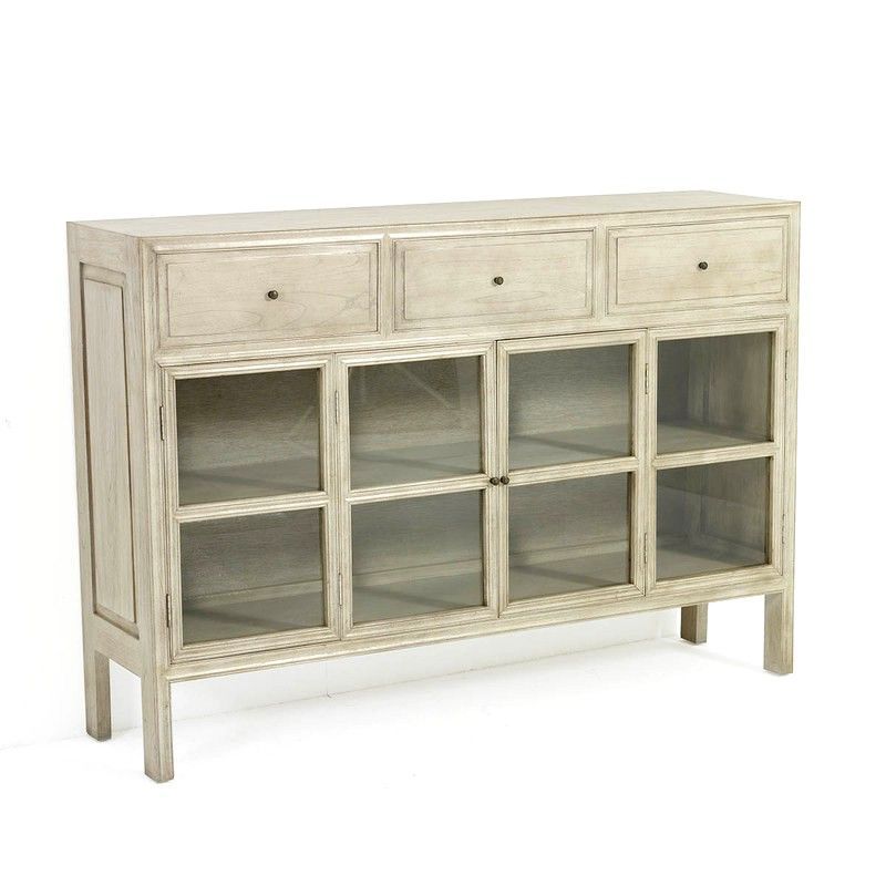 Aparador de cristal y madera blanco, 160x40x110 cm