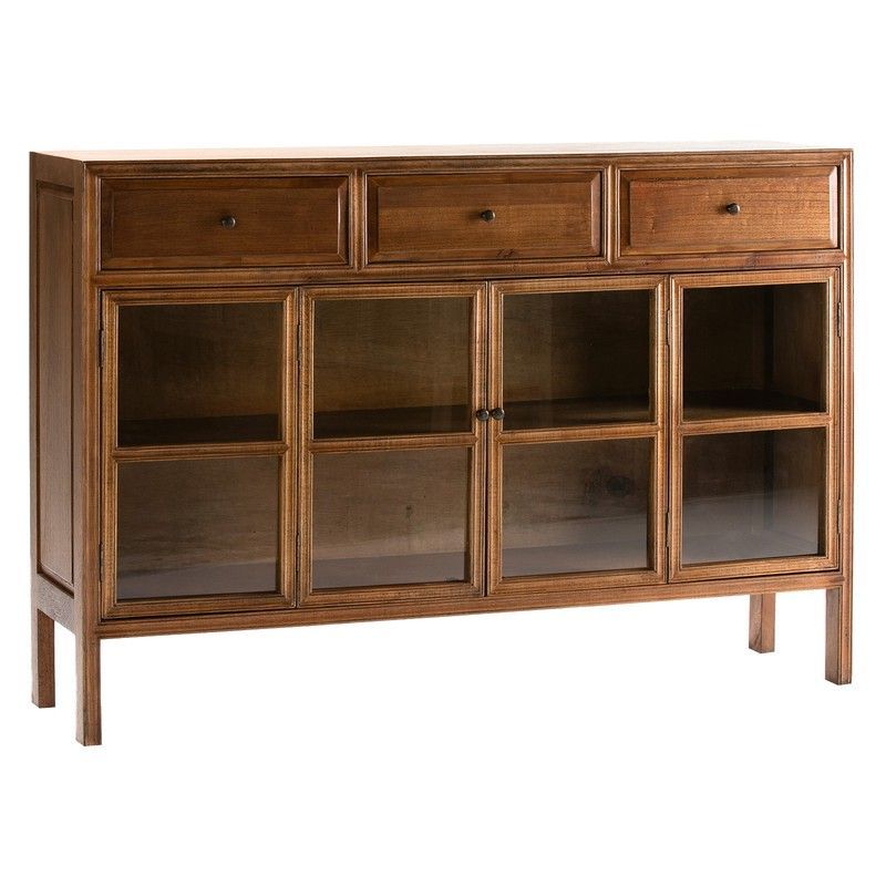 Aparador de cristal y madera natural velado, 160x40x110 cm