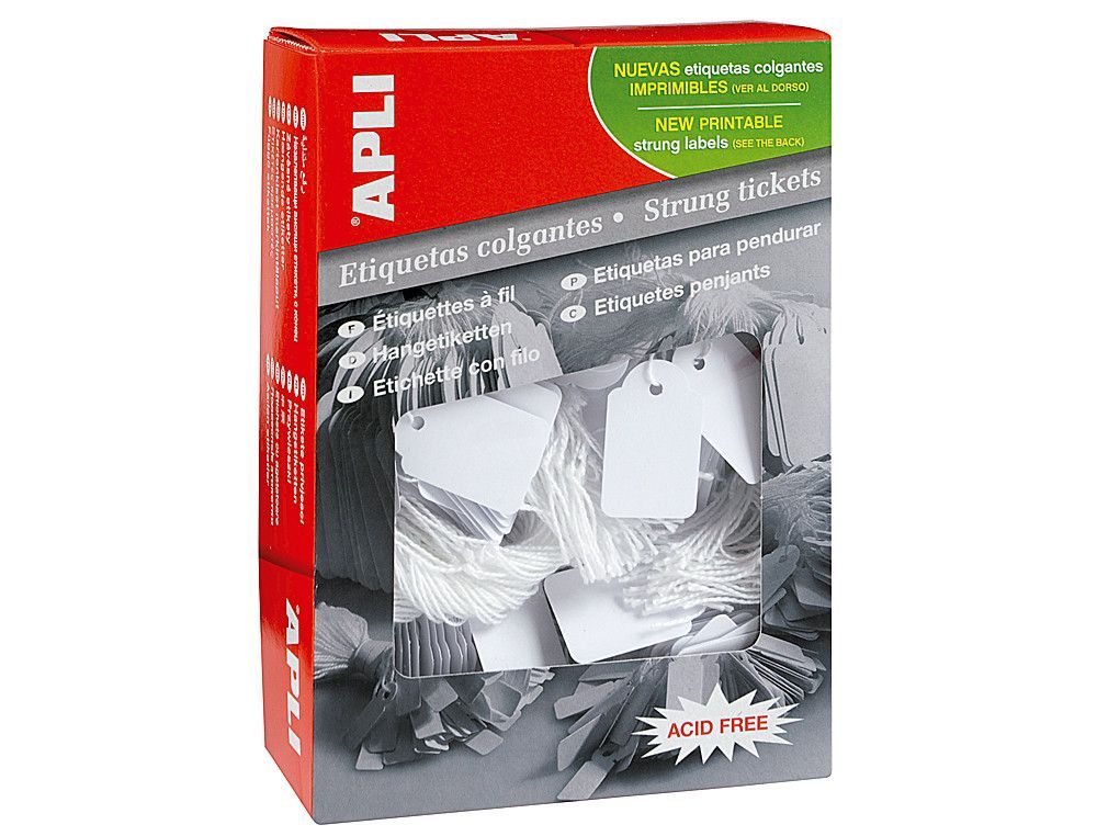 APLI Caja 500 etiquetas colgantes de cartulina blanca 28x43 mm con hilo de gran resistencia 391