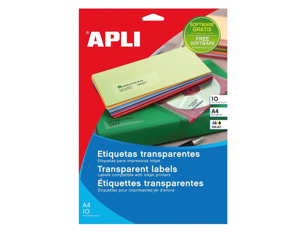 Apli Etiquetas adhesivas transparentes poliester A4 (210x297 mm) Paquete de 10
