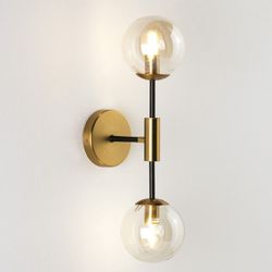 Aplique, con 2 luces, de metal y cristal en dorado y ámbar, 13 x 20 x 50 cm