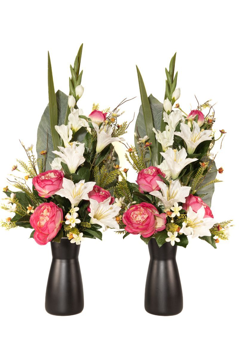 Arreglo de flores artificiales para cementerio con flores de peonias artificiales en color cereza