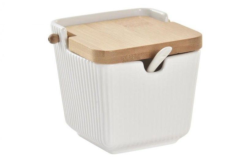 Azucarero de Cocina Porcelana Blanco y Bambú