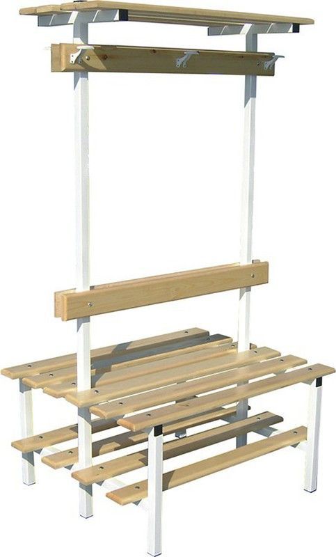 Banco de vestuario doble con zapatillero, percha y estante de 1 metro