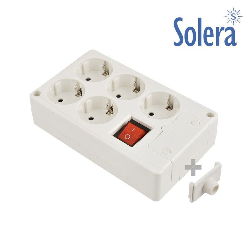 Base bipolar 5 tomas con t/t lateral 16a 250v color blanco interruptor luminoso solera