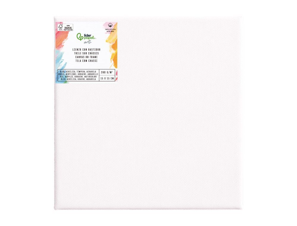 Bastidor liderpapel 1f lienzo grapado parte trasera algodon 100% bordes madera 15x15 cm gramaje 280g/m2 certificado