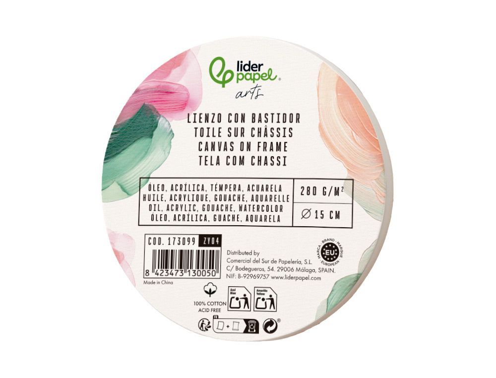 Bastidor redondo liderpapel lienzo grapado parte trasera algodon 100% borde madera 15 cm gramaje 280g/m2