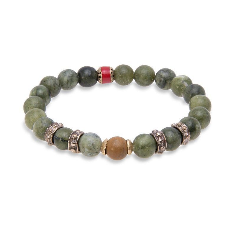 BB047A Pulsera Plata de Palo elástica colección JADIS unisex con Jade verde y Jade madera