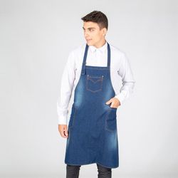 Bib apron worn indigo denim wash with pocket 80x82 cm "redline"