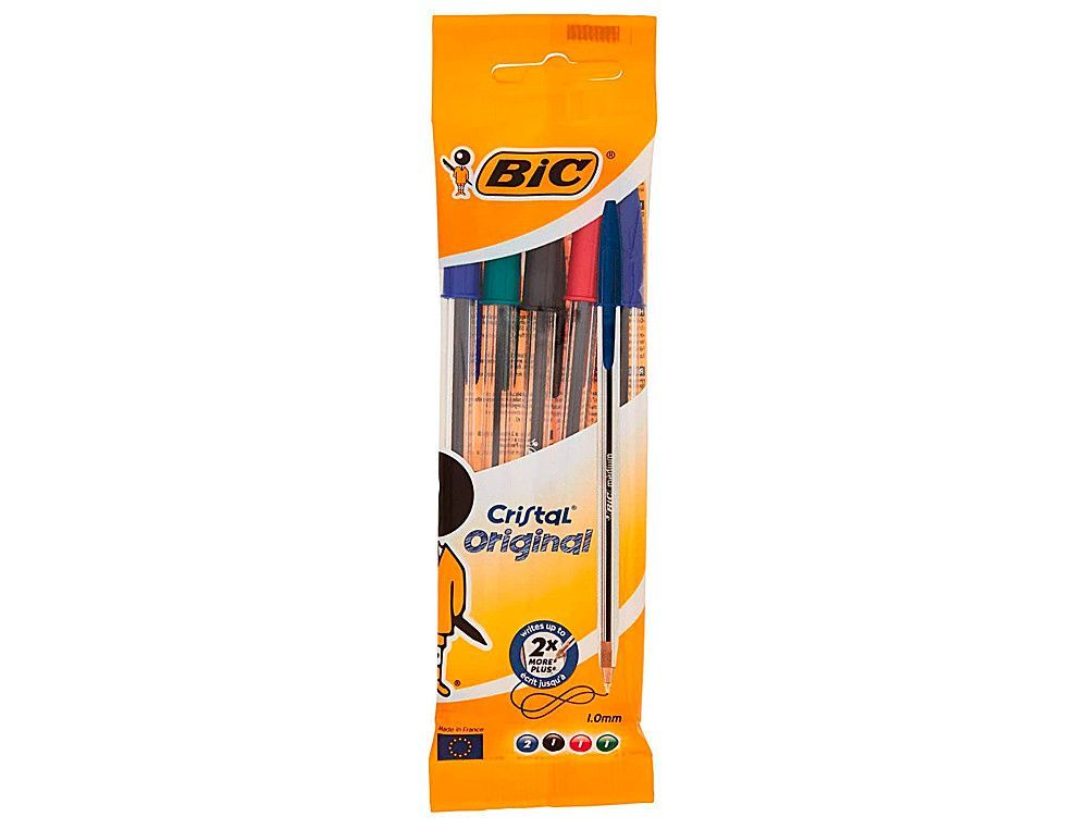 BIC Boligrafo Cristal 5 ud (3 Azules,Negro,Rojo y Verde)