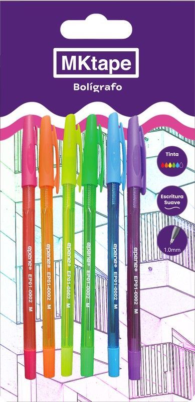 Blíster 6 Bolígrafos MKTape con Tapón Colores