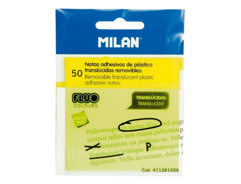 Bloc de notas adhesivas quita y pon milan 76x76 mm removible plastico translucido amarillo fluor 50