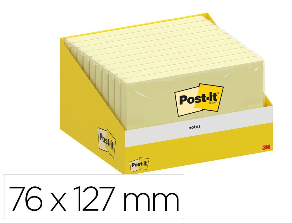 Bloc de notas adhesivas quita y pon post-it 76x127 mm 100 hojas amarillo canario retractilado individualmente