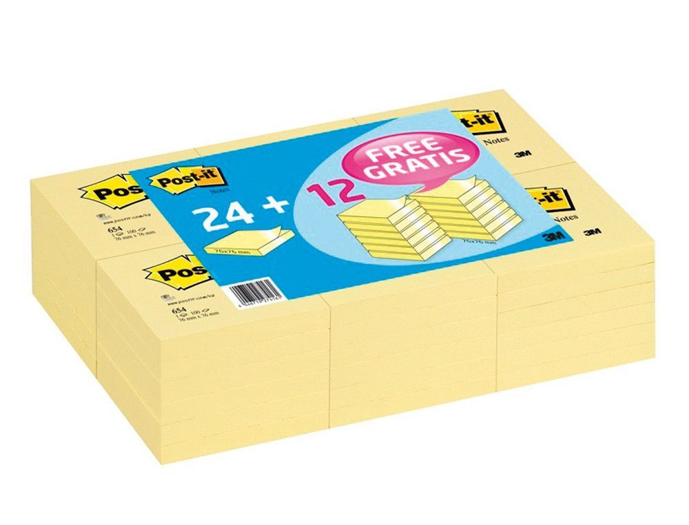 Bloc de notas adhesivas quita y pon post-it 76x76mm -pack promocional 24+12