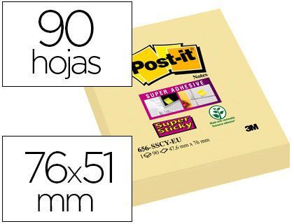 Bloc de Notas Adhesivas Quita y Pon Post-It Super Sticky 51X76 mm con 90 Hojas 565 Amarillo Canario