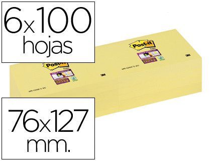 Bloc de Notas Adhesivas Quita y Pon Post-It Super Sticky 76X127 mm con 12 Bloc Amarillo Canario