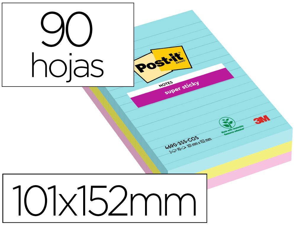 Bloc de notas adhesivas quita y pon post-it super sticky cosmic rayado 90 hojas 101x152 mm paquete de 3