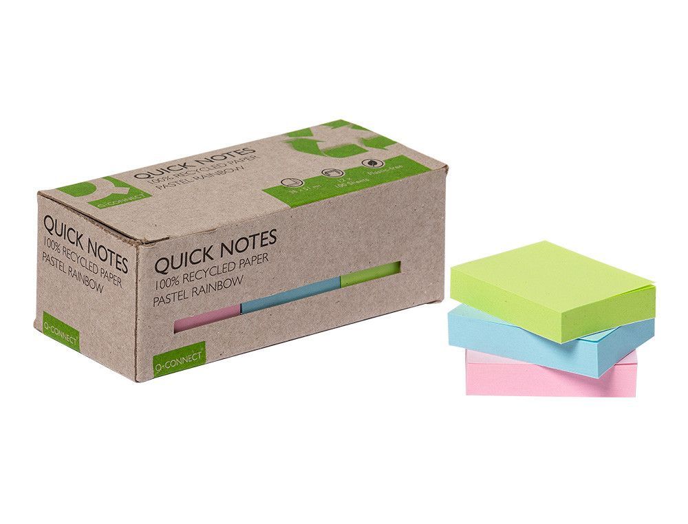 Bloc de notas adhesivas quita y pon q-connect 38x51 mm 100% papel reciclado colores pasteles en caja de carton