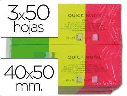 Bloc de Notas Adhesivas Quita y Pon Q-Connect 40X50 mm Neon Pack de 3 Unidades con 50 Hojas Por Color