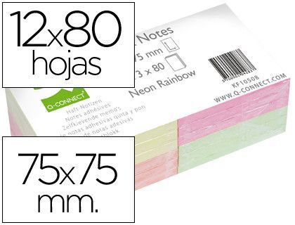 Bloc de Notas Adhesivas Quita y Pon Q-Connect 75X75 mm con 80 Hojas Fluorescentes Pack de 12 Surtidas en 4 Colores