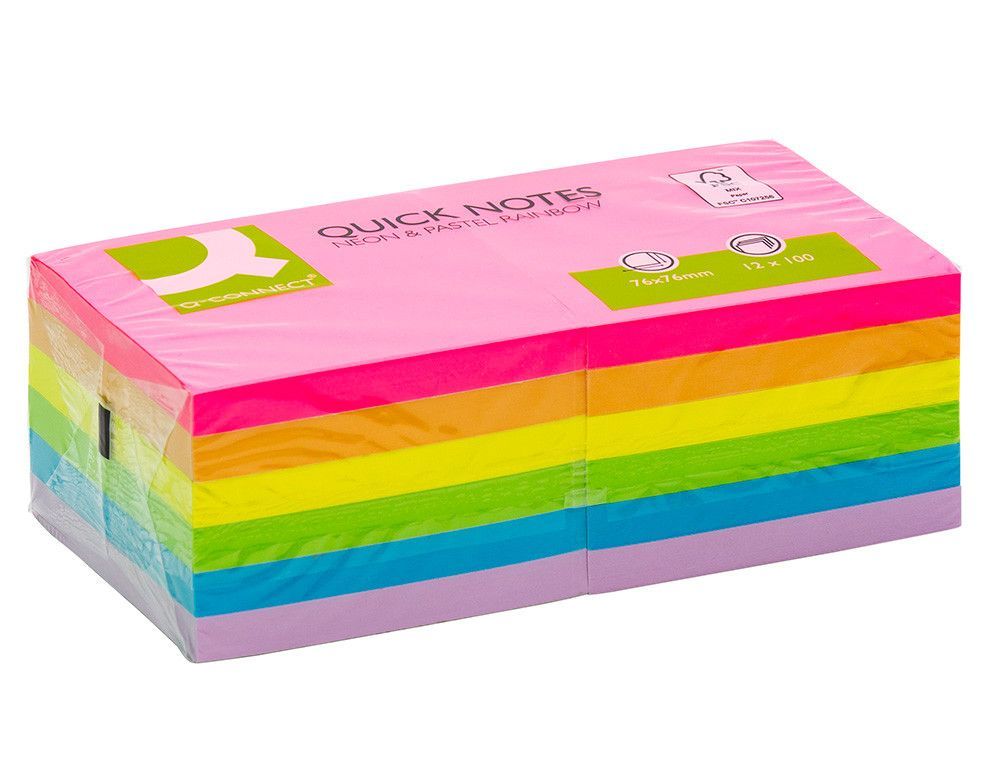 Bloc de notas adhesivas quita y pon q-connect 76x76 mm fsc colores neon y pastel surtidos