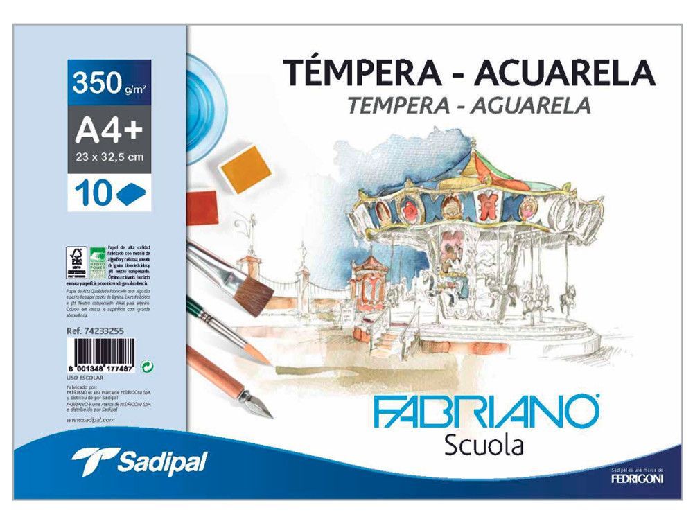 Bloc dibujo acuarela sadipal fabriano encolado DIN A4+ 10 hojas 350 g/m2 grano suave