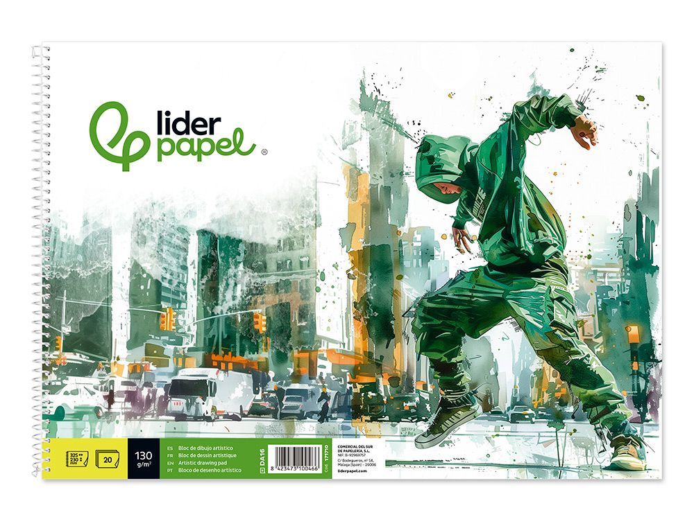 Bloc dibujo liderpapel artistico urban espiral 230x325mm 20 hojas 130g/m2 sin recuadro perforado