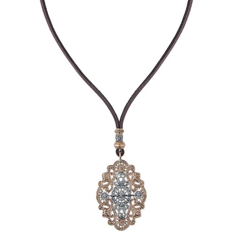 BN012X Collar PLATA DE PALO Unisex de cuero, bronce y detalles de plata