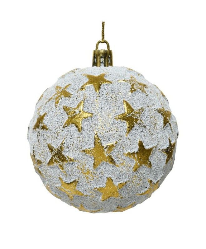 BOLA NAVIDAD BLANCA CON ESTRELLAS ORO Ø8cm. (12u.)