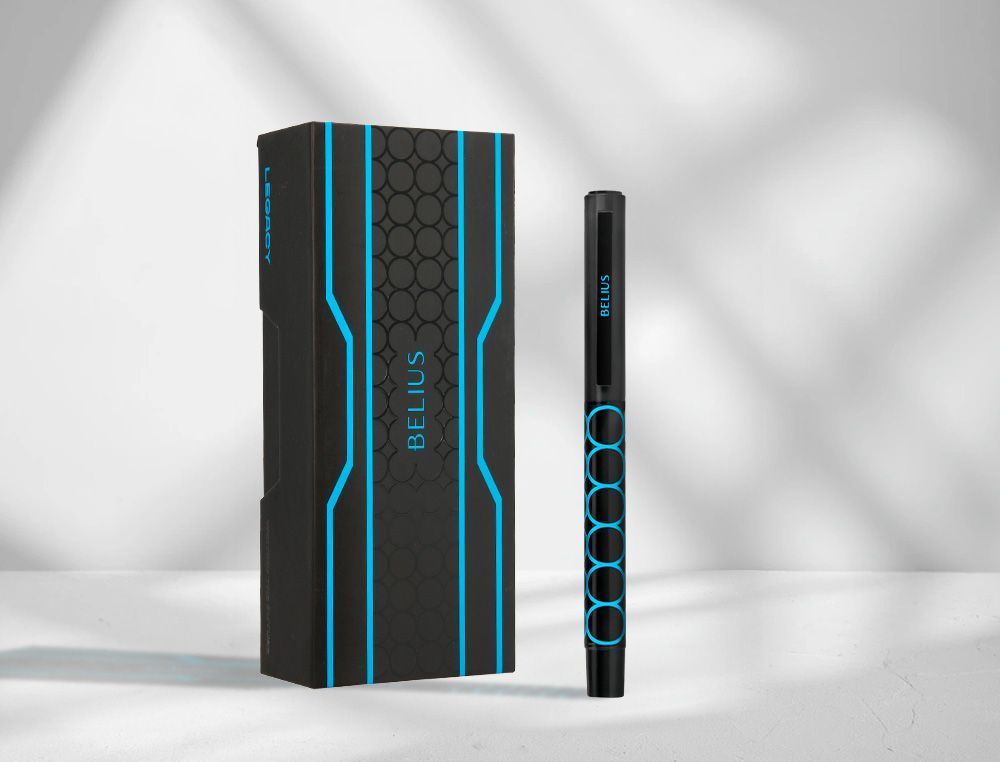 Boligrafo belius legacy aluminio diseńo circulos azul cuerpo negro tinta color azul caja de diseńo