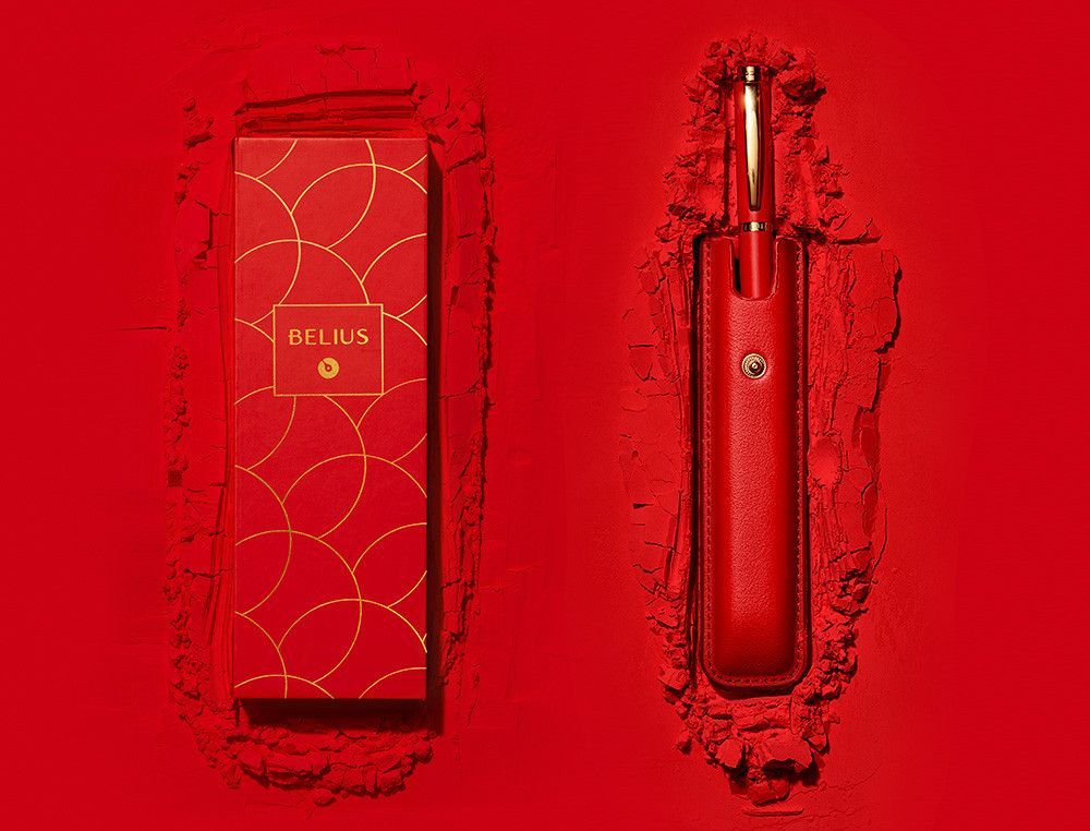 Boligrafo belius passion dor aluminio textura cepillada color rojo y dorado tinta azul caja de diseño