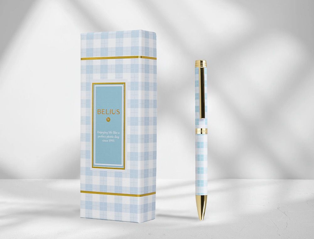 Boligrafo belius perfect picnic day aluminio color azul celeste dorado tinta azulcaja de diseńo