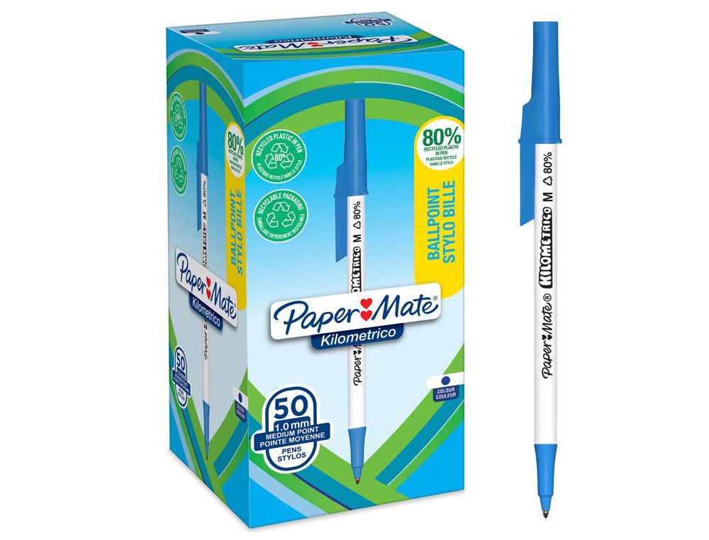 Boligrafo paper mate kilometrico punta 1 mm plastico reciclado 80% color azul