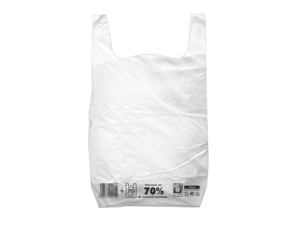 Bolsa camiseta reciclada 70% blanca 30x40 cm reutilizable 1 kg paquete de 90 unidades