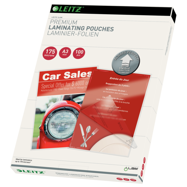 Bolsas de plastificación prémium iLAM de Leitz con UDT A3, 175 micras