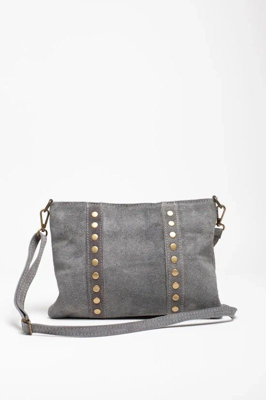 Bolso Bandolera De Piel Con Tachas Doradas Gris