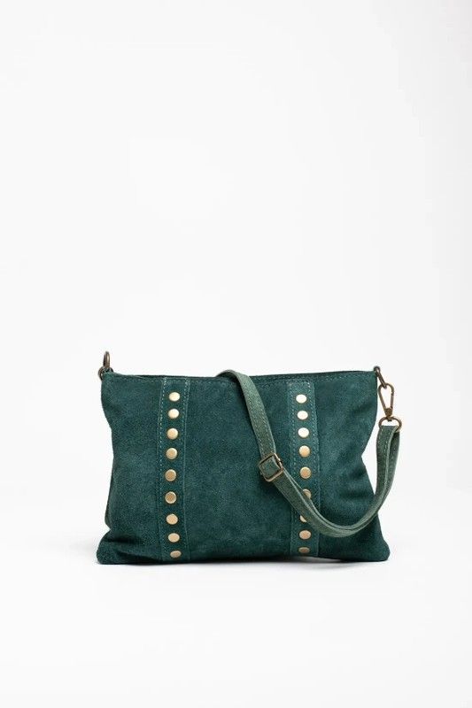 Bolso Bandolera De Piel Con Tachas Doradas Verde Botella