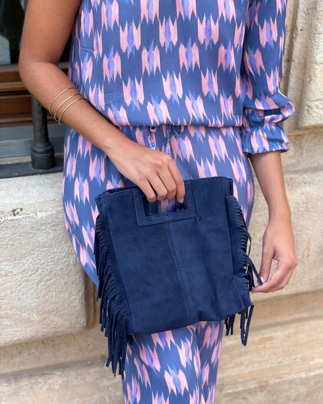 Bolso De Piel Savannah Con Flecos Azul Denim