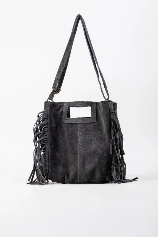 Bolso De Piel Savannah Con Flecos Gris